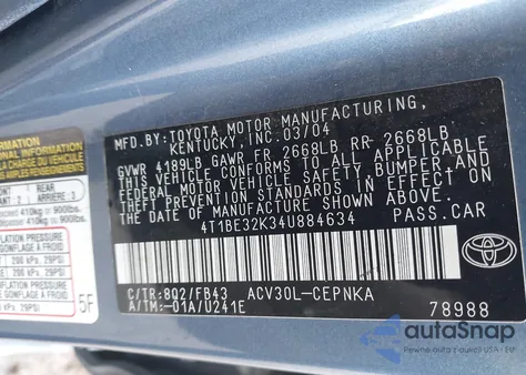 2004 Toyota Camry Le из США, поврежденный, VIN 4T1BE32K34U884634